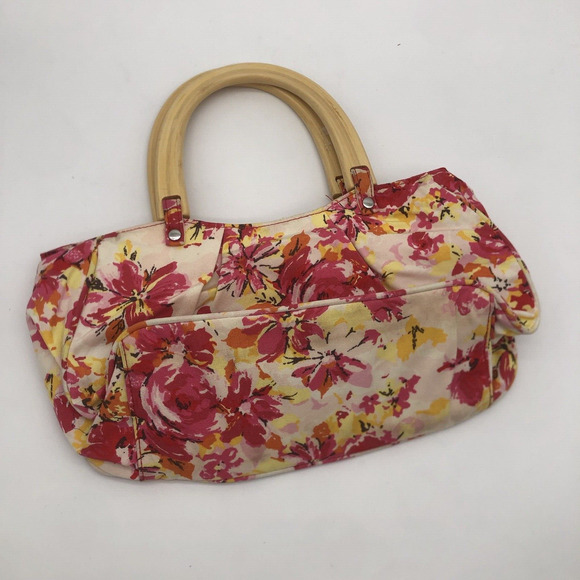 Old Navy Hobo Purse Canvas Floral Handbag Summer Wood Handle Floral Cottage - Picture 2 of 11